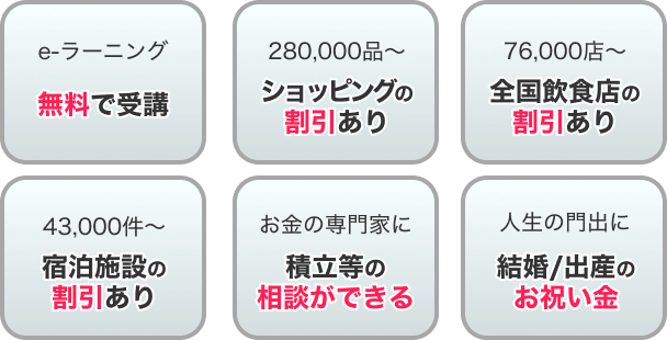 e-ラーニング 無料で受講 | 280,000品〜 ショッピングの割引あり| 76,000店〜 | 全国飲食店の割引あり | 43,000件〜 宿泊施設の割引あり | お金の専門家に 積立等の相談ができる | 人生の門出に 結婚/出産のお祝い金